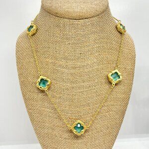 GEORGE AQUA BLUE GREEN CLOVER NECKLACE GOLD TONE STATION STYLE 18" ADJUSTABLE